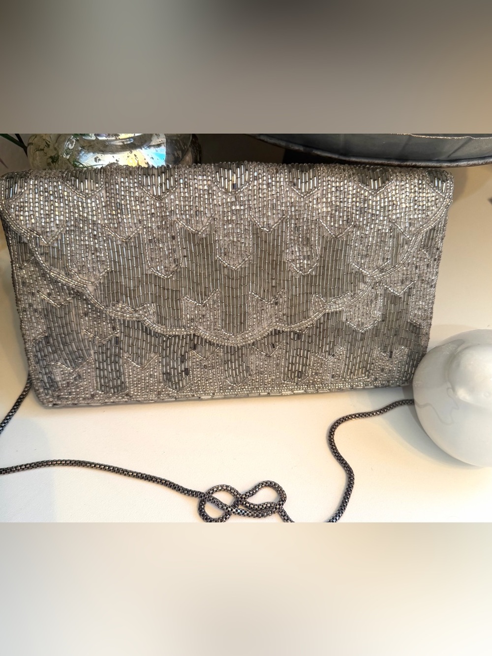 Walborg Art Deco Scalloped Beaded Evening Clutch with Silver Chain Strap